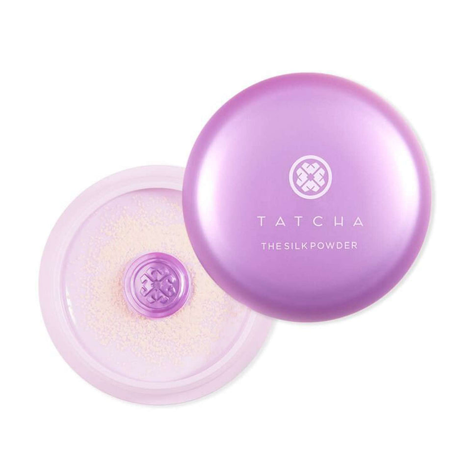 Tatcha Silk Powder tube close-up showing a translucent, long-lasting finish