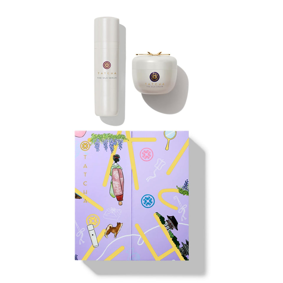 TATCHA Silk Serum bottle close-up highlighting smooth hydration for daily skin prep.