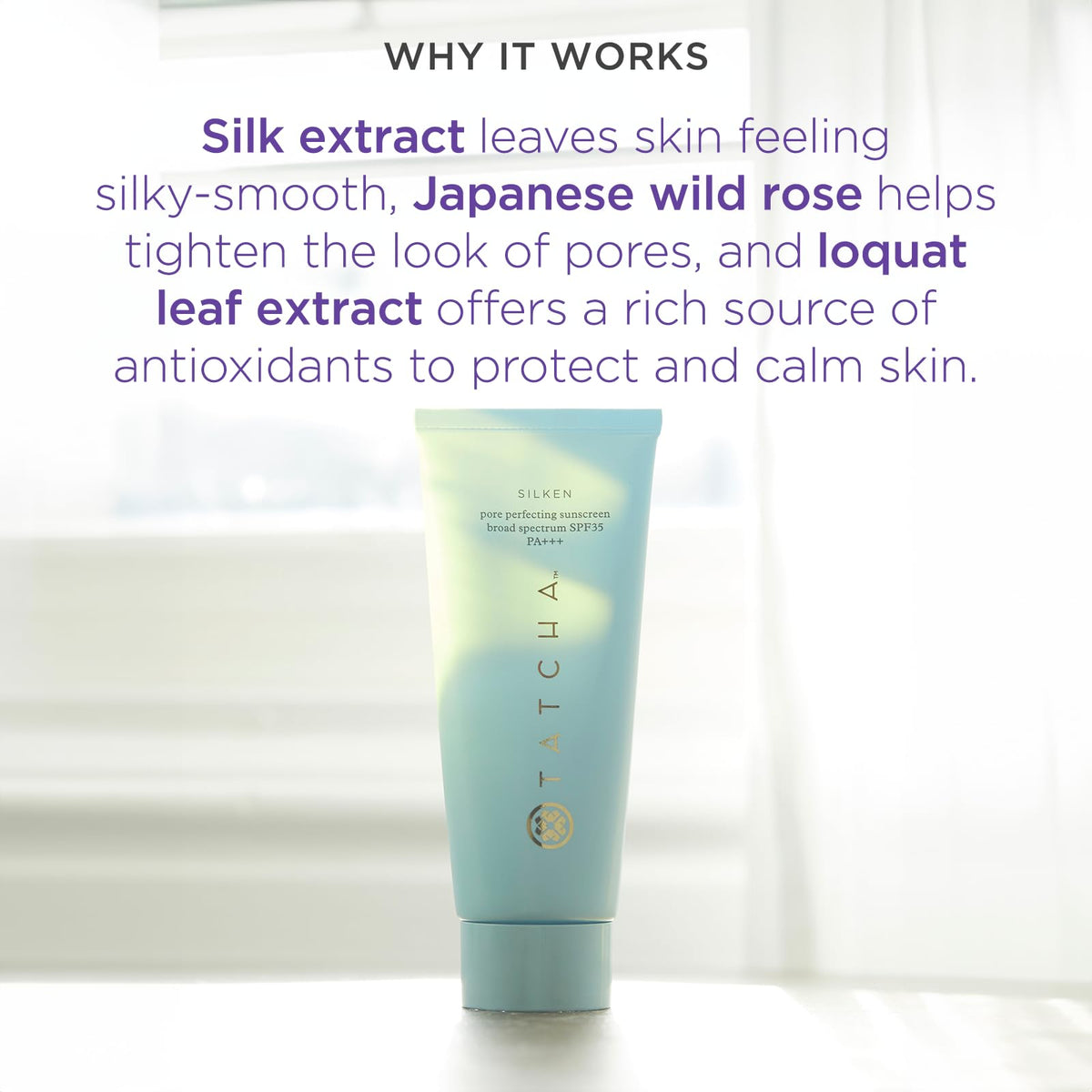 TATCHA texture close-up shows pore blur and silk finish.