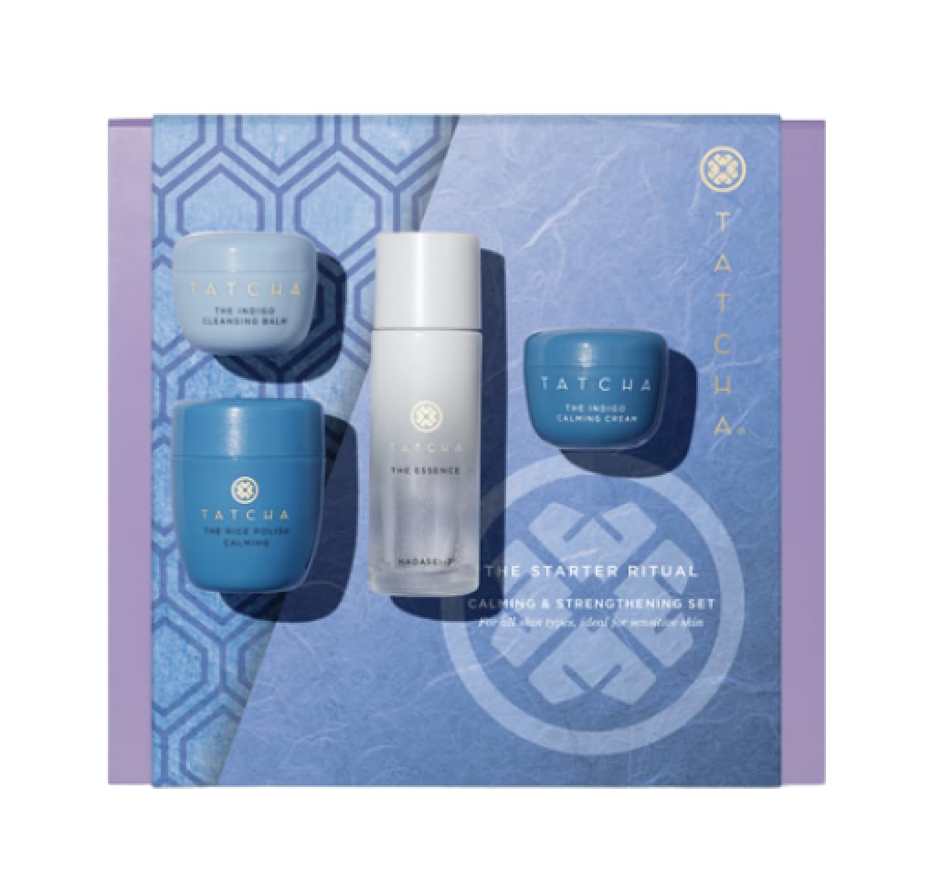TATCHA Starter Ritual Set box display highlighting calming indigo blend for sensitive skin.