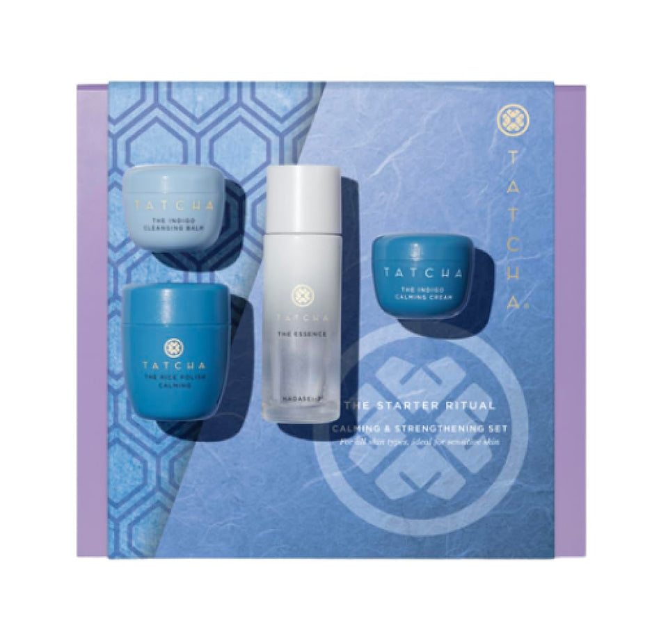 TATCHA Starter Ritual Set box display highlighting calming indigo blend for sensitive skin.