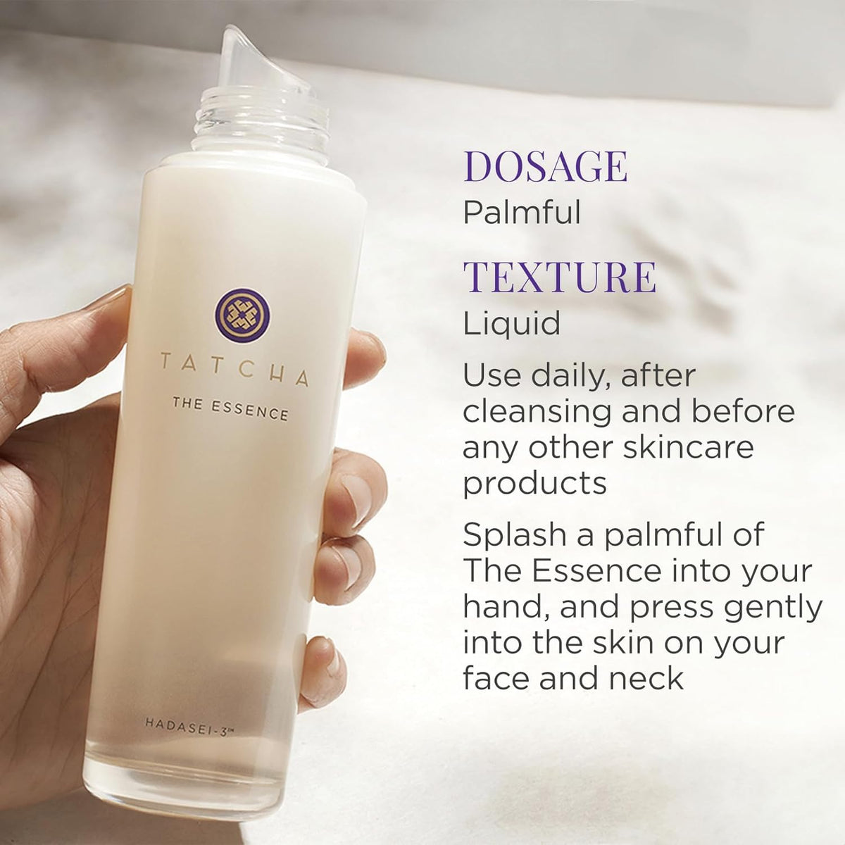 TATCHA The Essence Midi bathroom shelf setup suggests daily skincare routine.