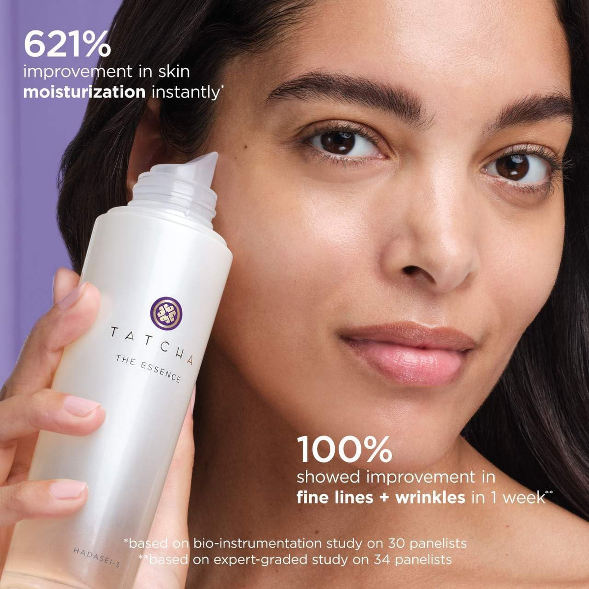 TATCHA The Essence Midi on the face showing lightweight, non-greasy serum texture.