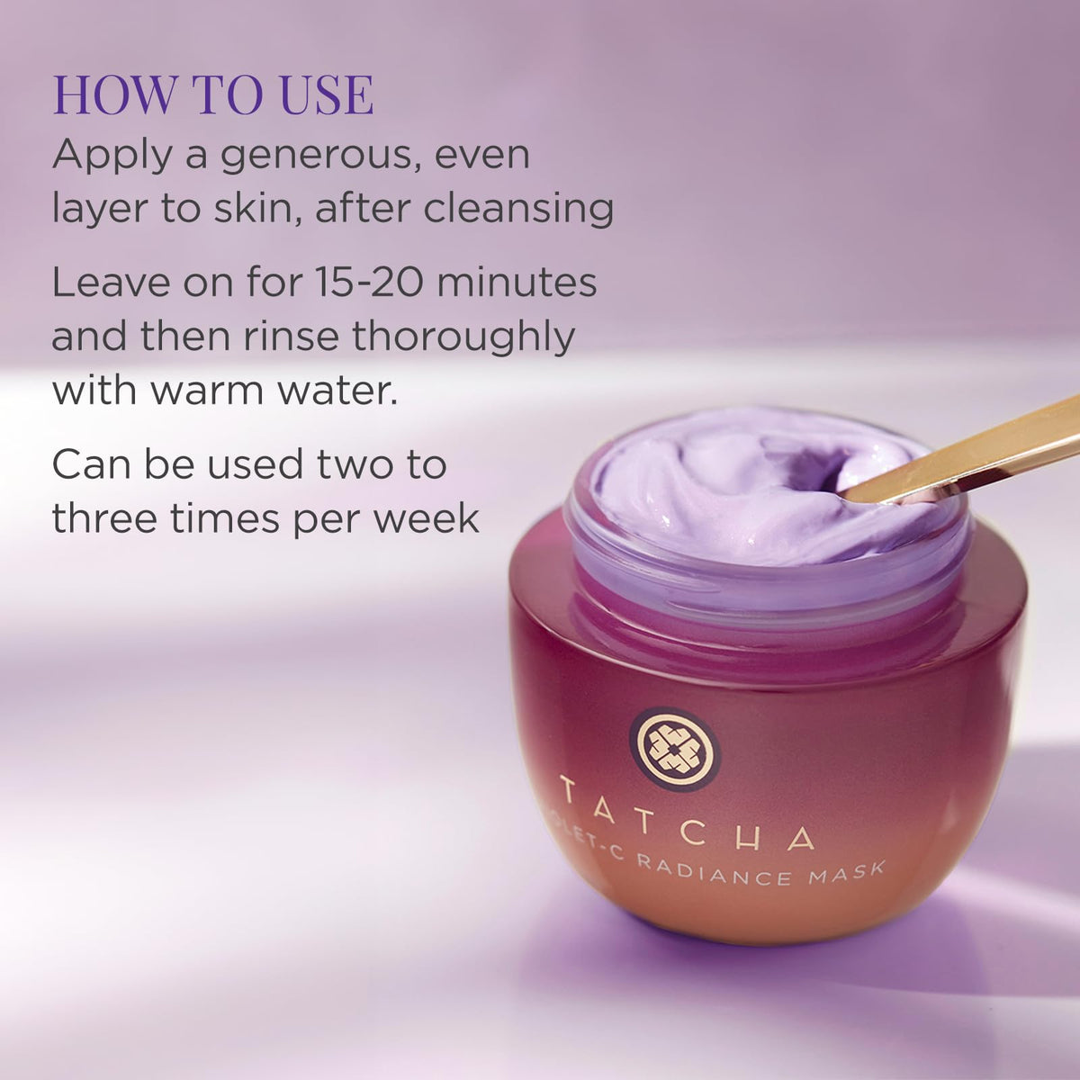 TATCHA Violet-C Radiance Mask AHA fruit complex image conveys refined texture and glow.