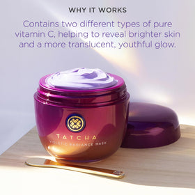 TATCHA Violet-C Radiance Mask vitamin C dual-drops highlight quick absorption and lasting protection.