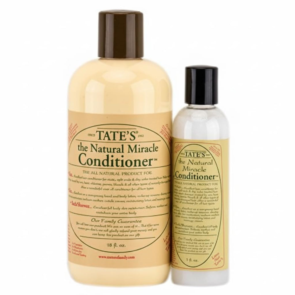 Tate's Natural Miracle Conditioner bottle closeup demonstrates unscented deep moisture for dry hair.