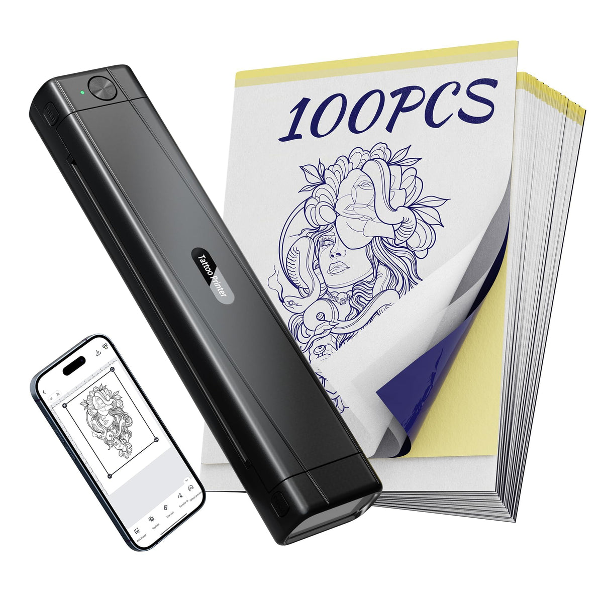 TATTMUSE portable printer shown in travel setup for on-the-go printing