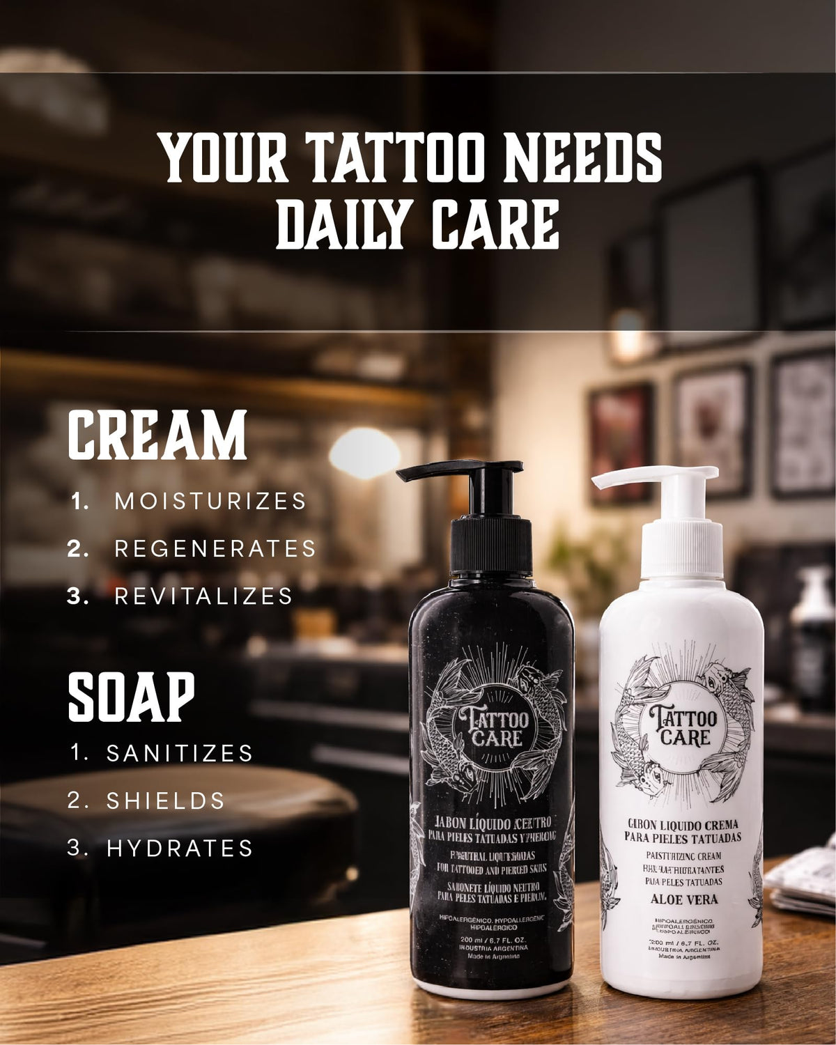 Tattoo Care Soap bottle close-up showing gentle cleansing for tattoos