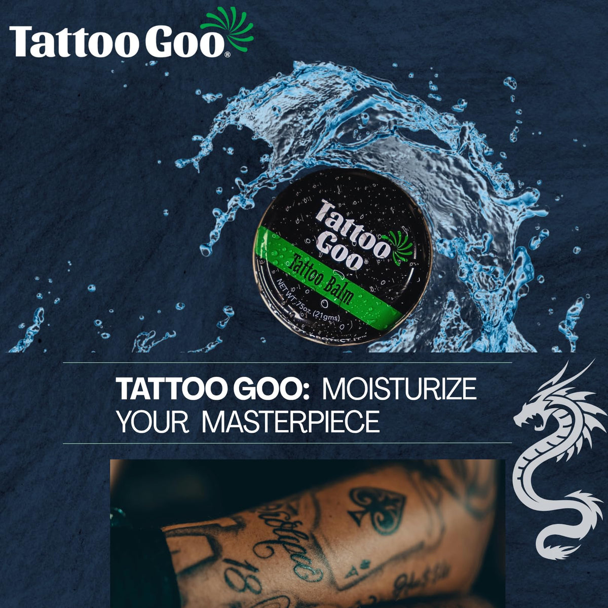 Natural ingredients panel on Tattoo Goo shows olive oil and beeswax.