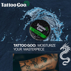 Natural ingredients panel on Tattoo Goo shows olive oil and beeswax.
