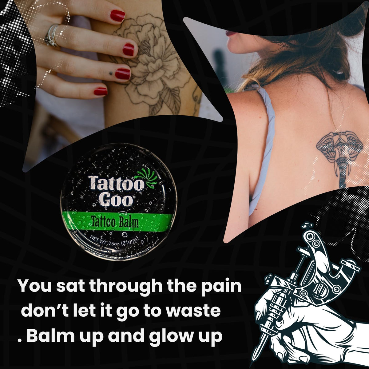Back label on Tattoo Goo tin with size and usage notes.