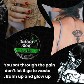 Back label on Tattoo Goo tin with size and usage notes.