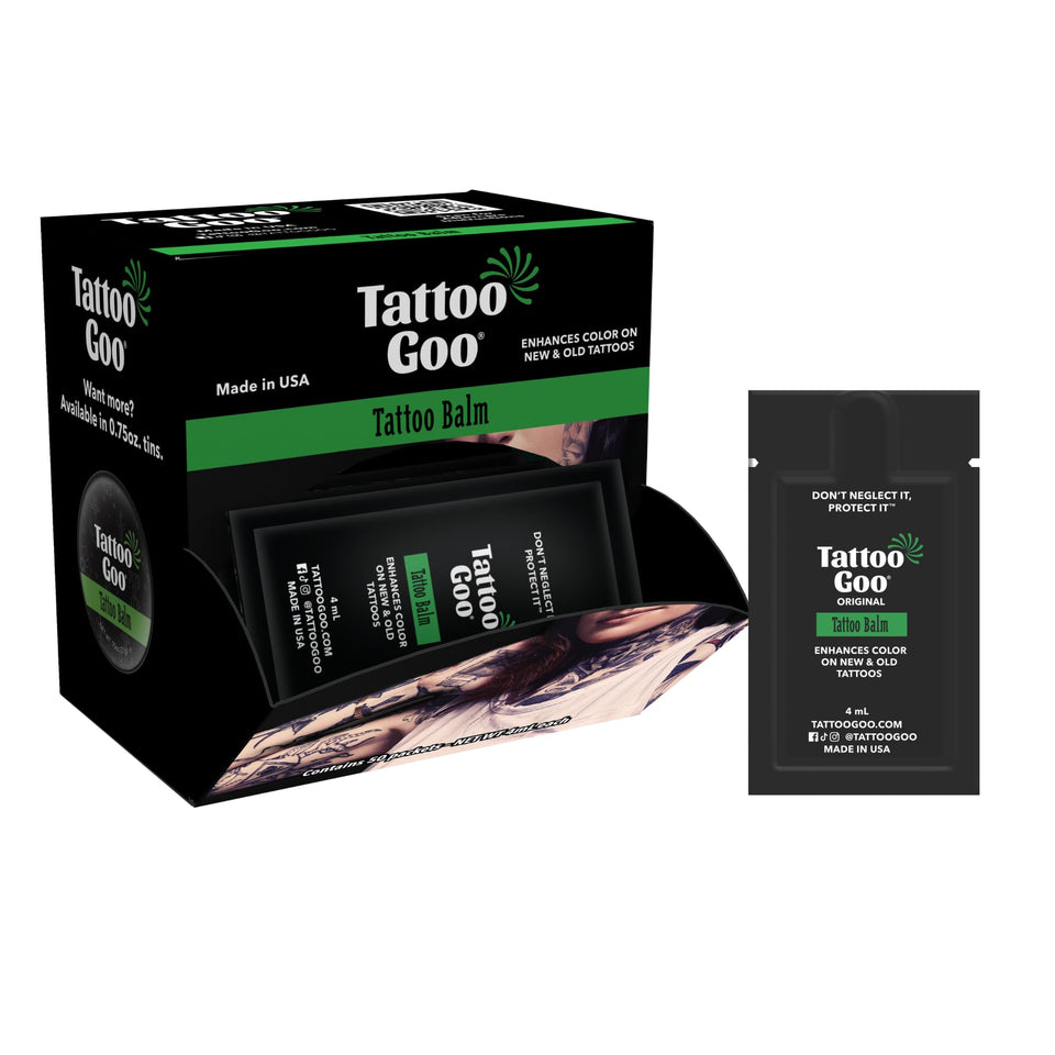 Tattoo Goo travel packets showing olive oil balm for on-the-go hydration.