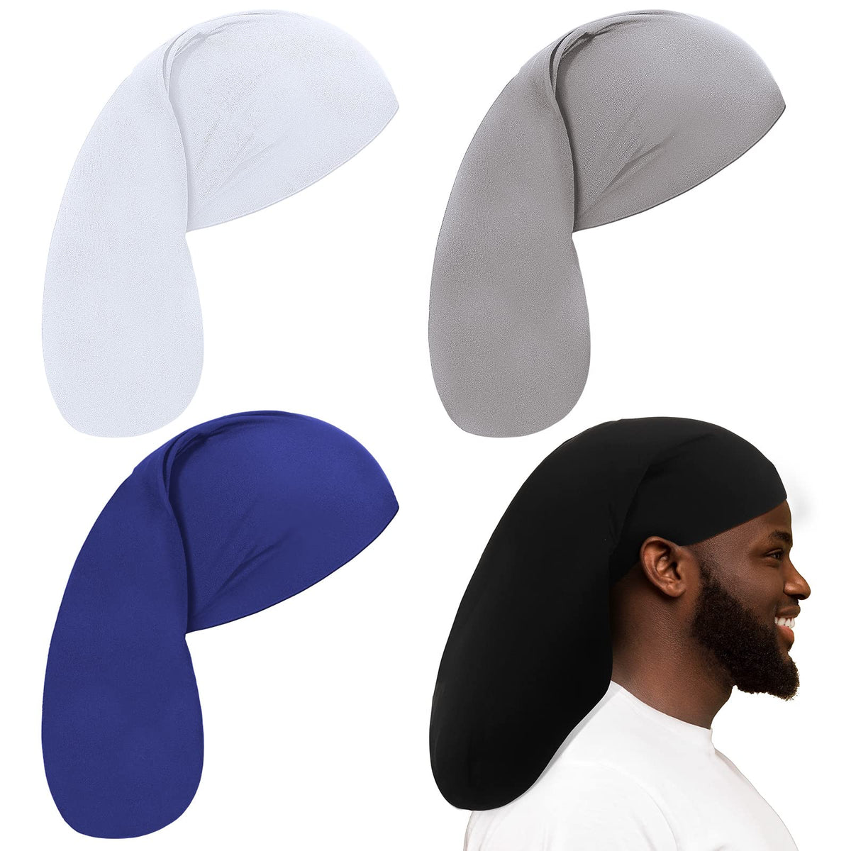 Tatuo dreadlock cap set in black, front view, snug sleep coverage.
