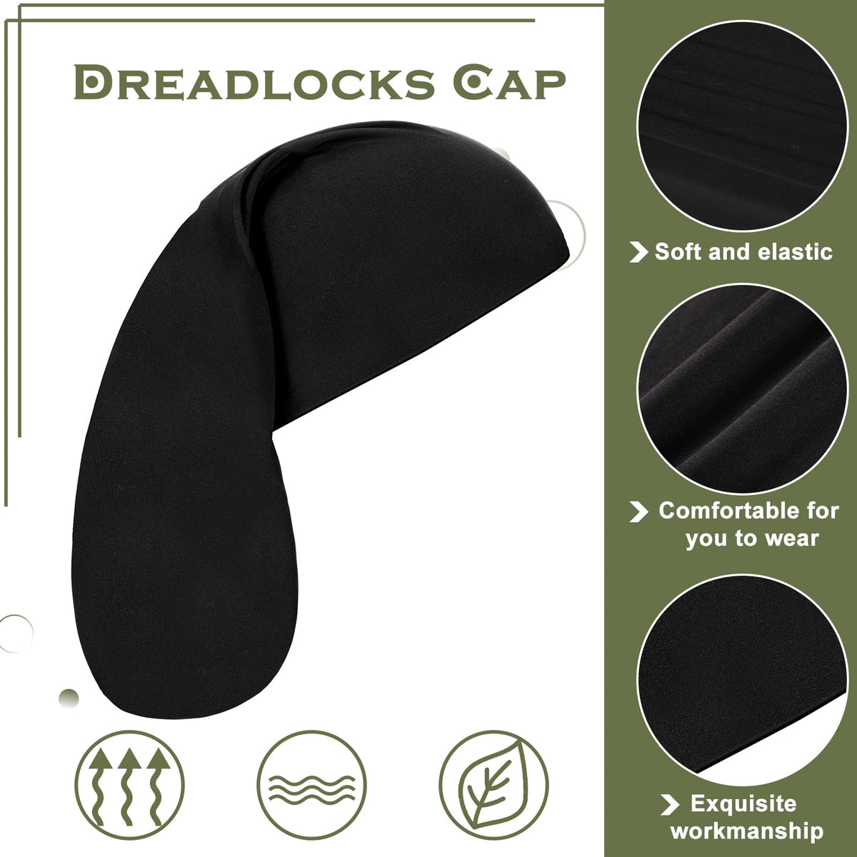Tatuo black dreadlock cap on head, keeps hair neat after workouts