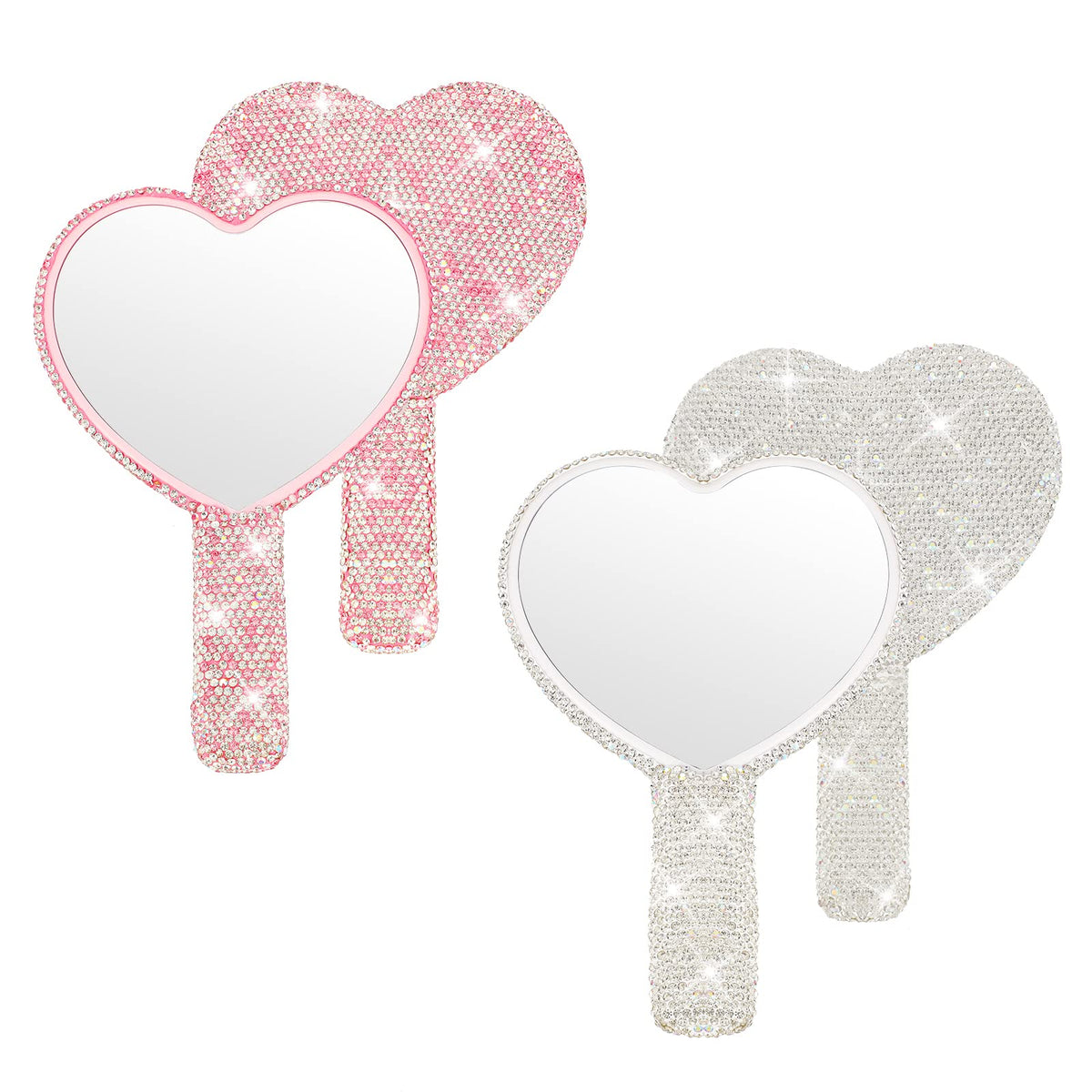 Tatuo heart mirror in pink with handle for on-the-go makeup touch-ups.
