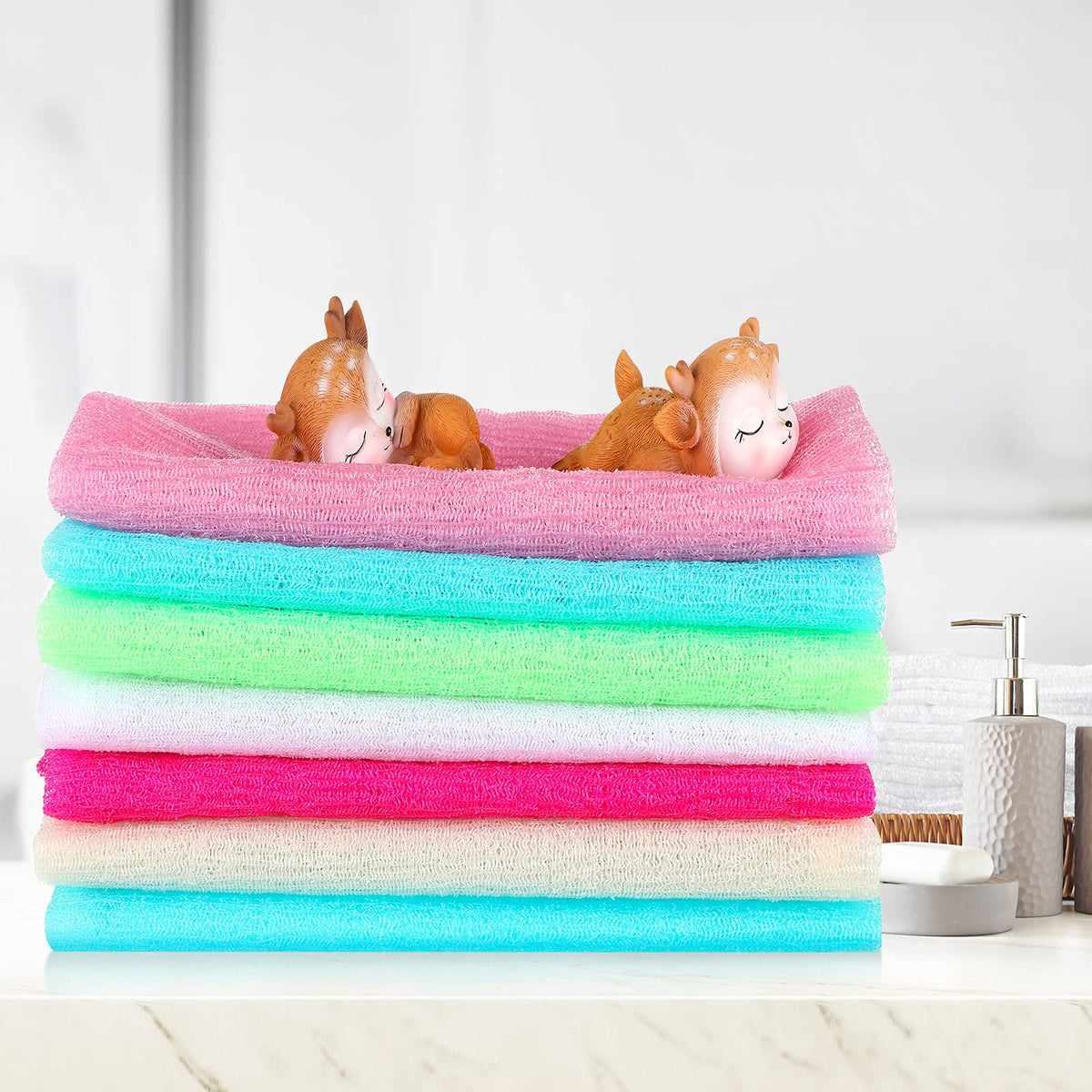 Tatuo viscose rayon scrub towel with soft-rough texture for gentle exfoliation.