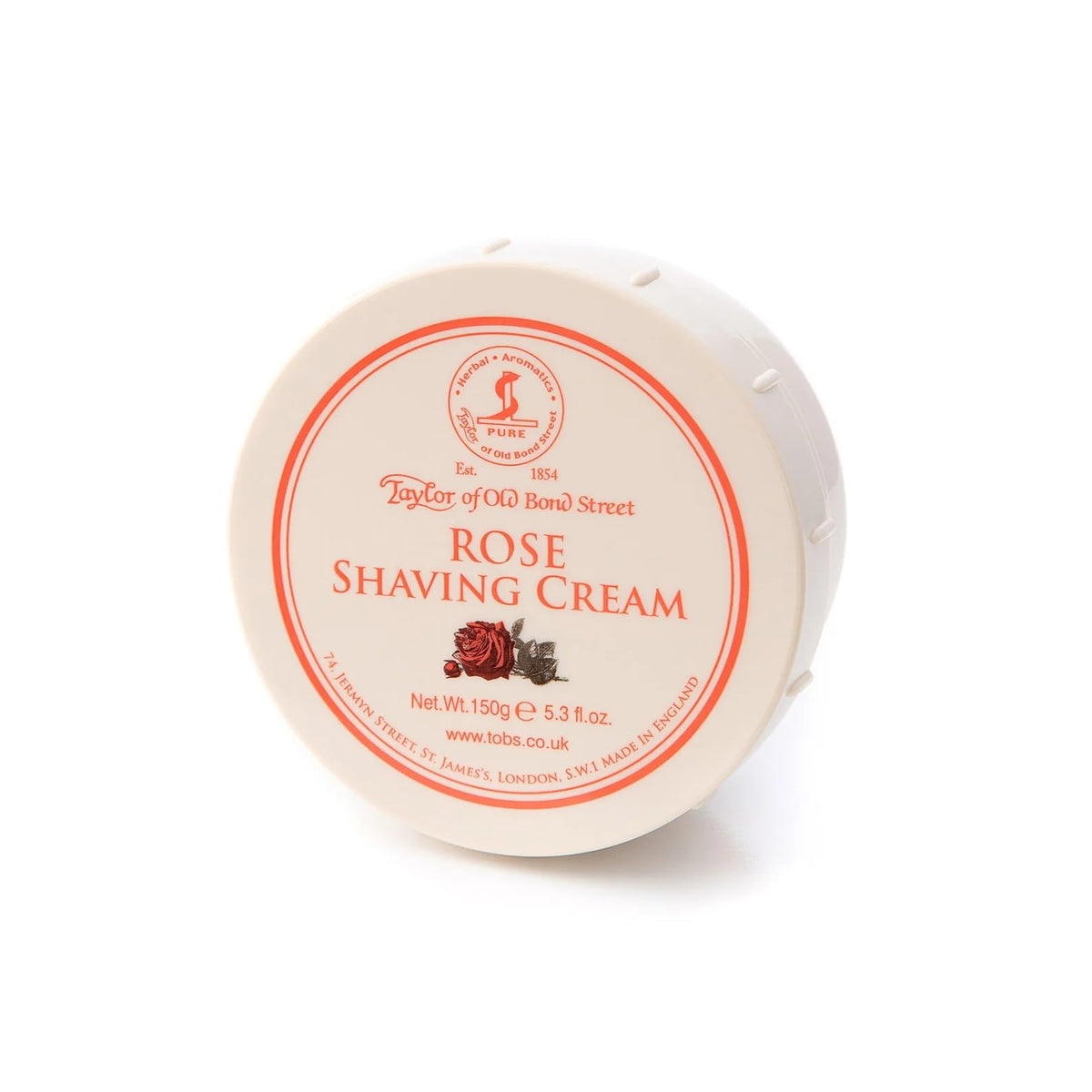 Taylor of Old Bond Street Rose Shaving Cream Jar label showing compact lather potential