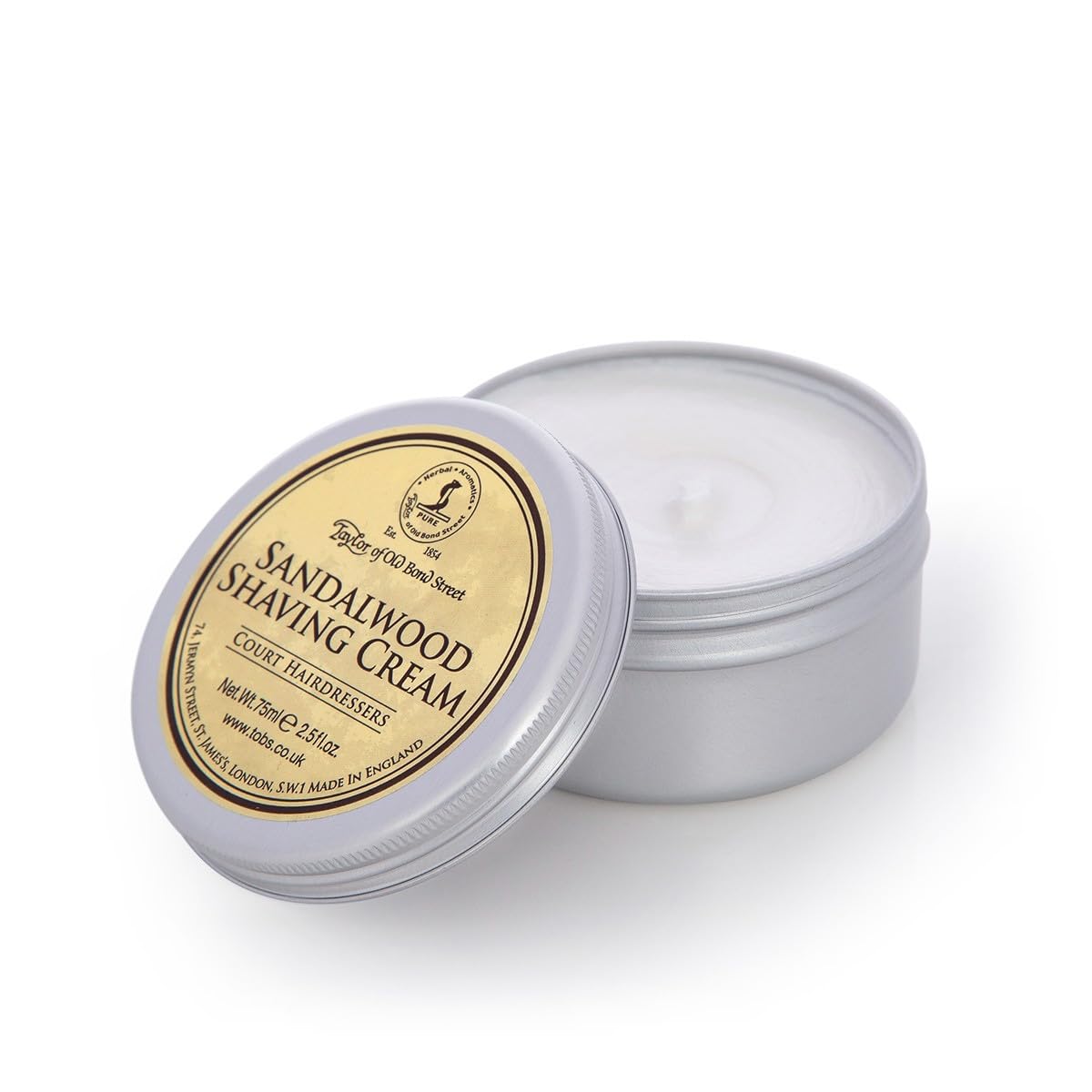 Taylor of Old Bond Street sandalwood cream packaging with classic fragrance for refined shave
