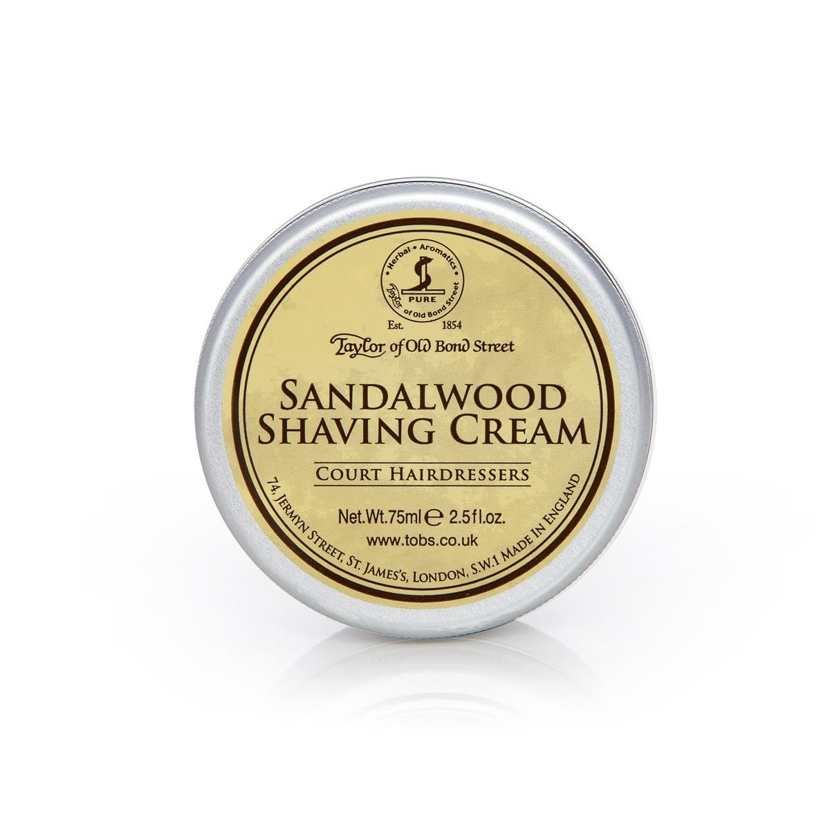 Taylor of Old Bond Street sandalwood shaving cream tub ready for a rich, creamy lather