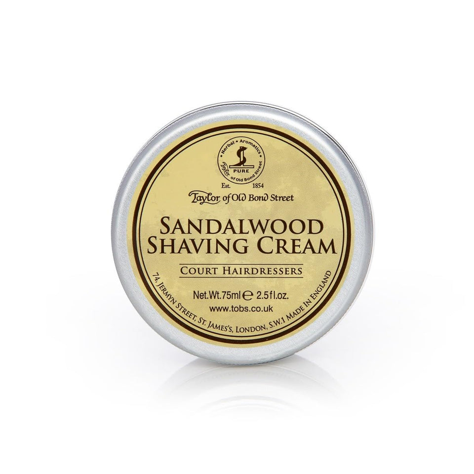 Taylor of Old Bond Street sandalwood shaving cream tub ready for a rich, creamy lather