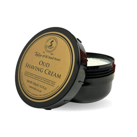 Taylor of Old Bond Street Oud shaving cream in use with lush lather and aroma