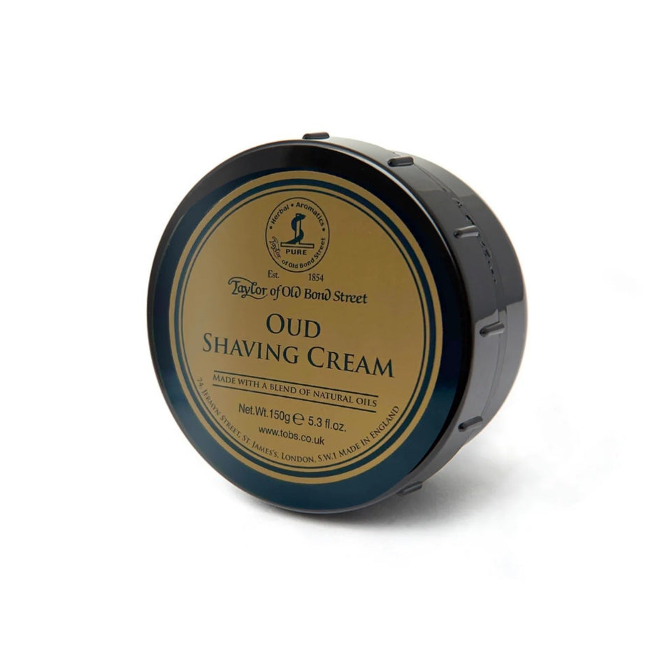 Taylor of Old Bond Street Oud shaving cream bowl with rich, creamy lather
