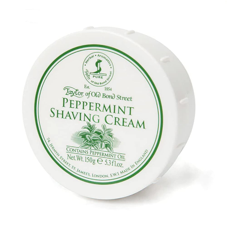 Taylor of Old Bond Street peppermint shave cream bottle for a refreshing, premium shave prep.