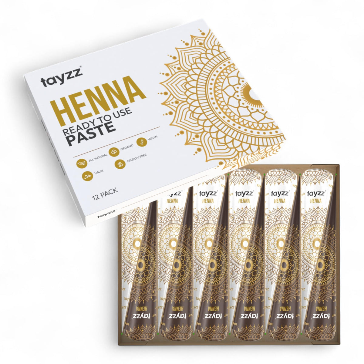 TAYZZ henna paste cone in reddish-brown shade for natural hair color touch-ups.