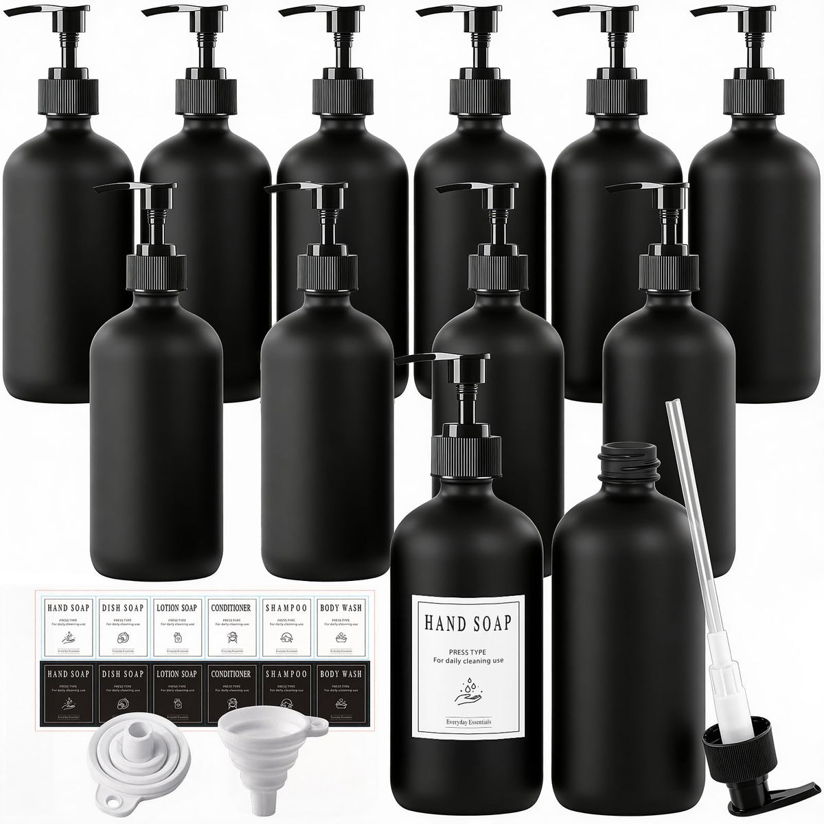TBWIND 12-pack black matte glass dispenser bottles for organized bathrooms.