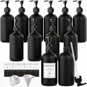 TBWIND 12-pack black matte glass dispenser bottles for organized bathrooms.