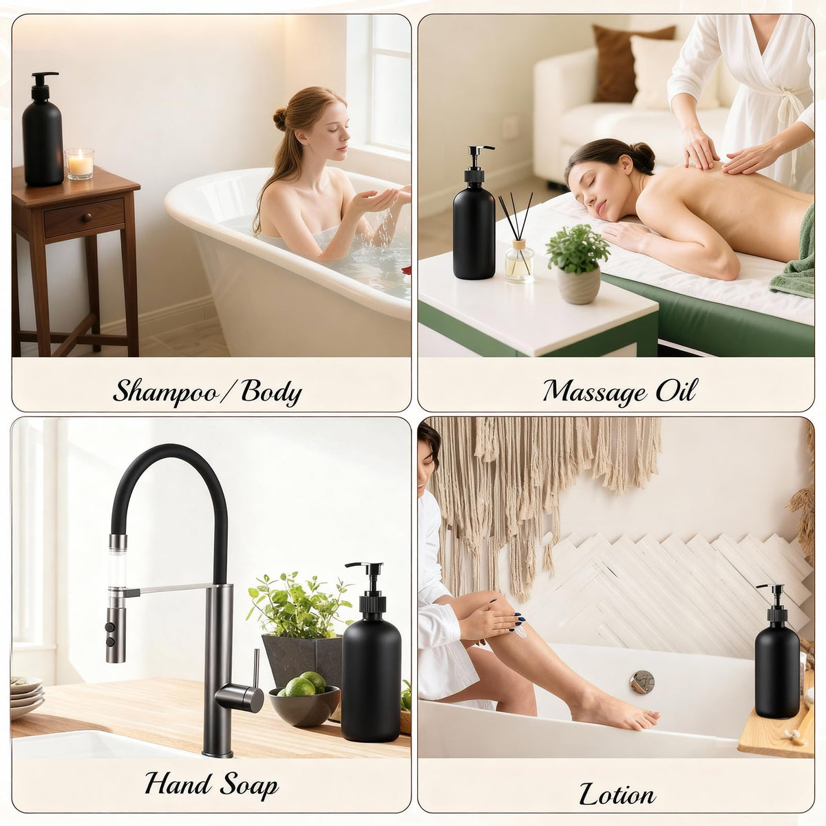 TBWIND 16oz glass bottles with pumps for easy shampoo and conditioner access.