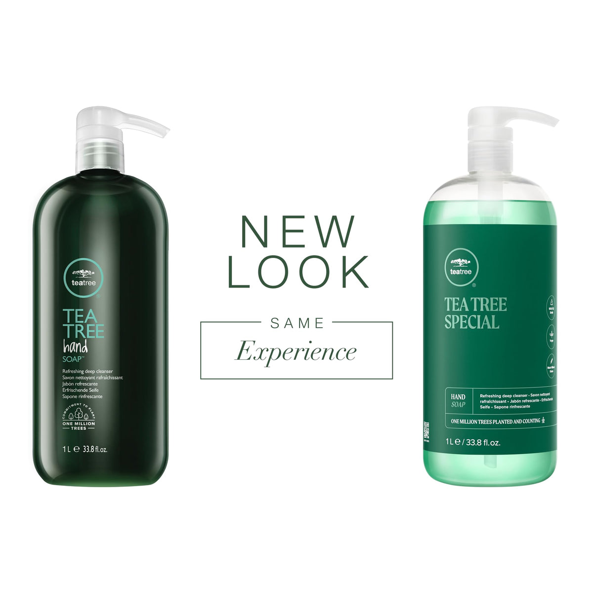 Tea Tree Hand Soap label close-up highlights ingredients and soothing notes.