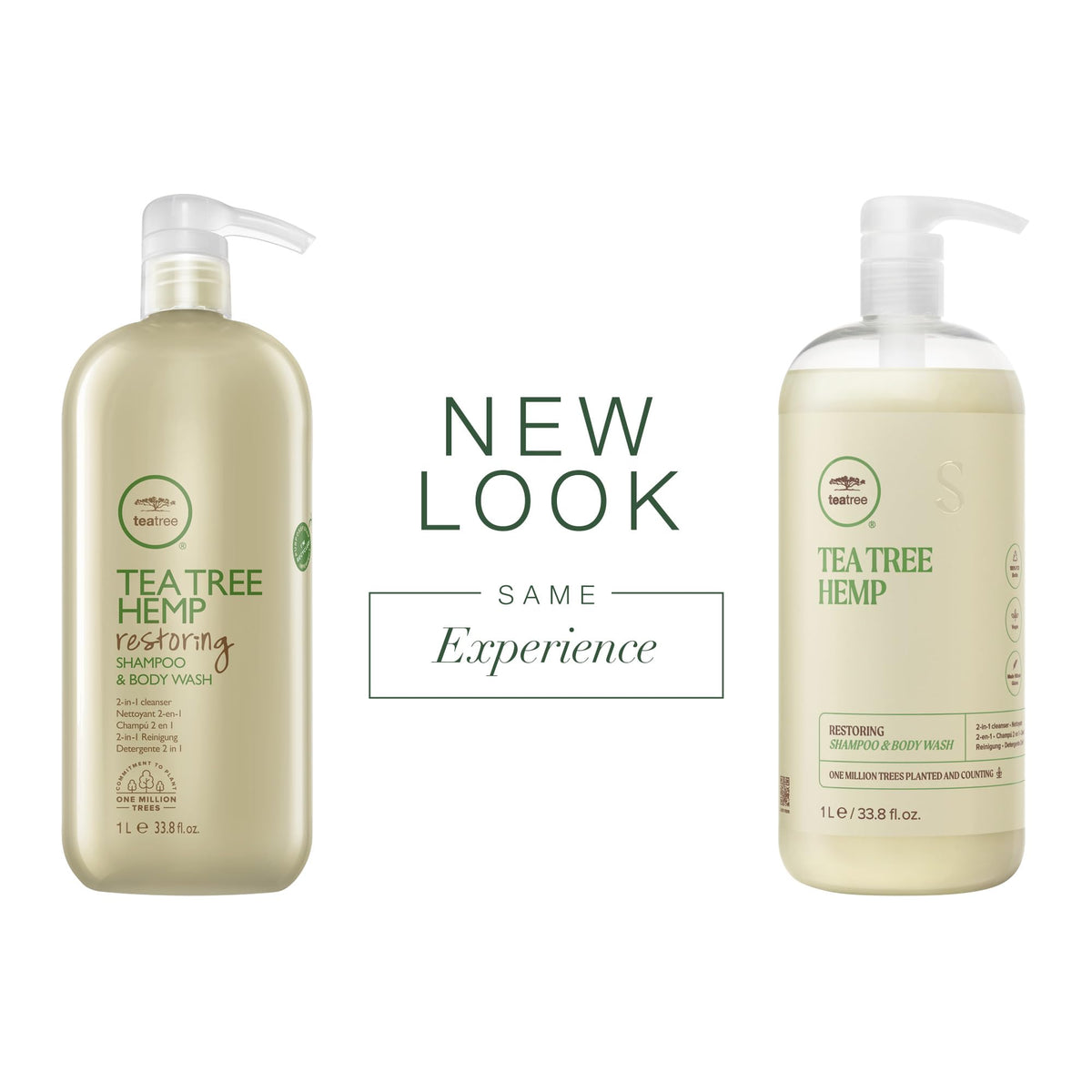 Tea Tree Hemp Restoring bottle close-up shows all-hair-types formula