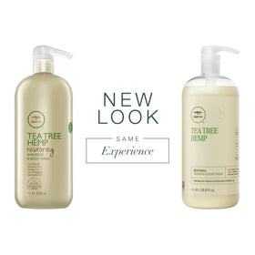 Tea Tree Hemp Restoring bottle close-up shows all-hair-types formula