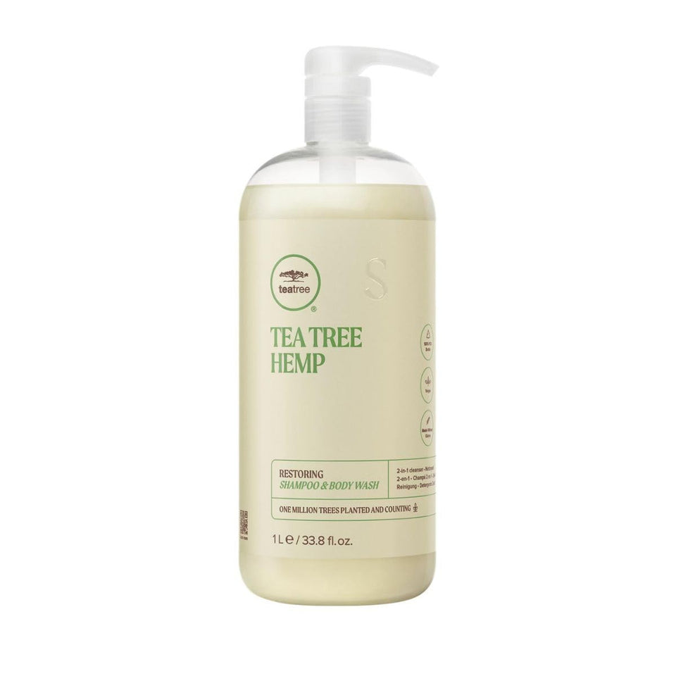 Tea Tree Hemp Restoring bottle pours to create creamy cleansing lather