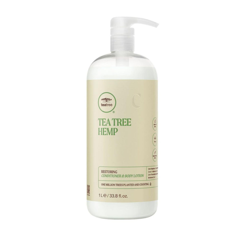 Tea Tree Hemp Restoring Conditioner bottle showing the two-in-one care for hair and skin