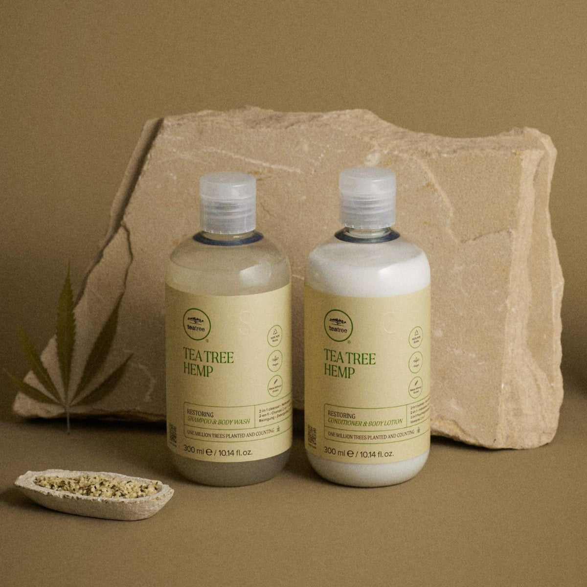 Shower scene with Tea Tree Hemp Restoring for hair and body cleansing