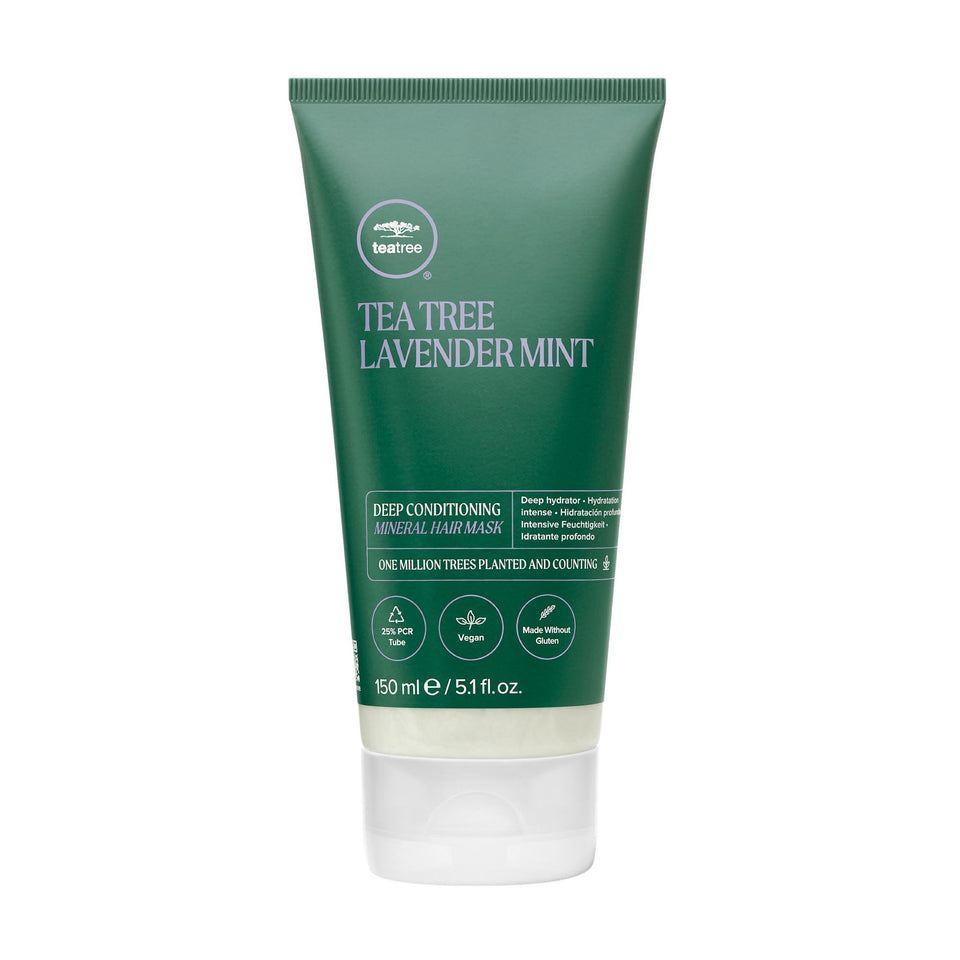 Tea Tree Lavender Mint deep conditioning mask pour highlights mineral-rich hydration.