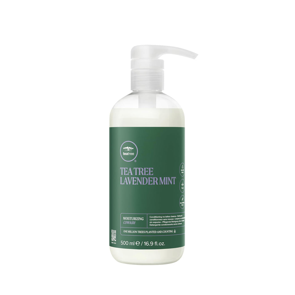 Tea Tree Lavender Mint Moisturizing Cowash bottle shown for hydration and curl care.