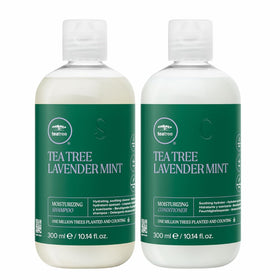 Tea Tree Lavender Mint Shampoo bottle showcases hydrating formula for dry, textured hair.