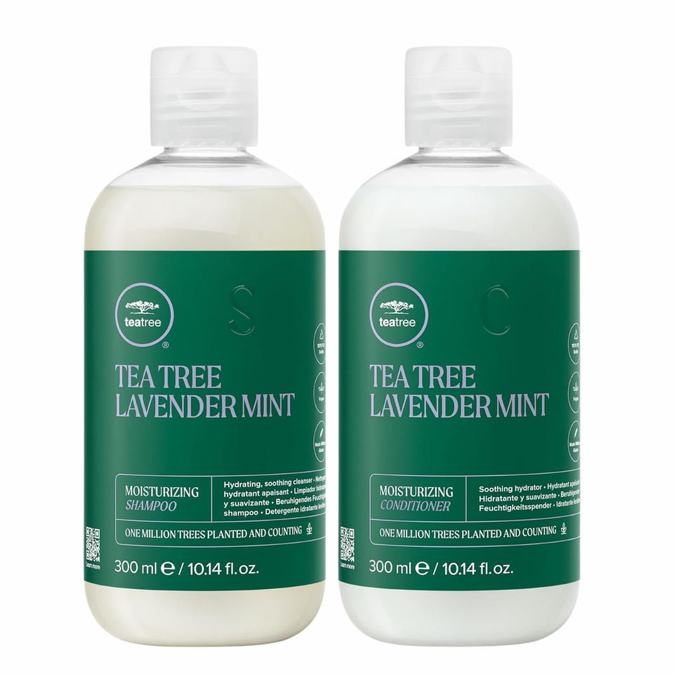 Tea Tree Lavender Mint Shampoo bottle showcases hydrating formula for dry, textured hair.