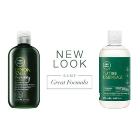 Tea Tree Lemon Sage Thickening Spray bottle adds grip for styling.