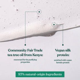 Close-up of tea tree oil shows Kenyan community fair trade origin.