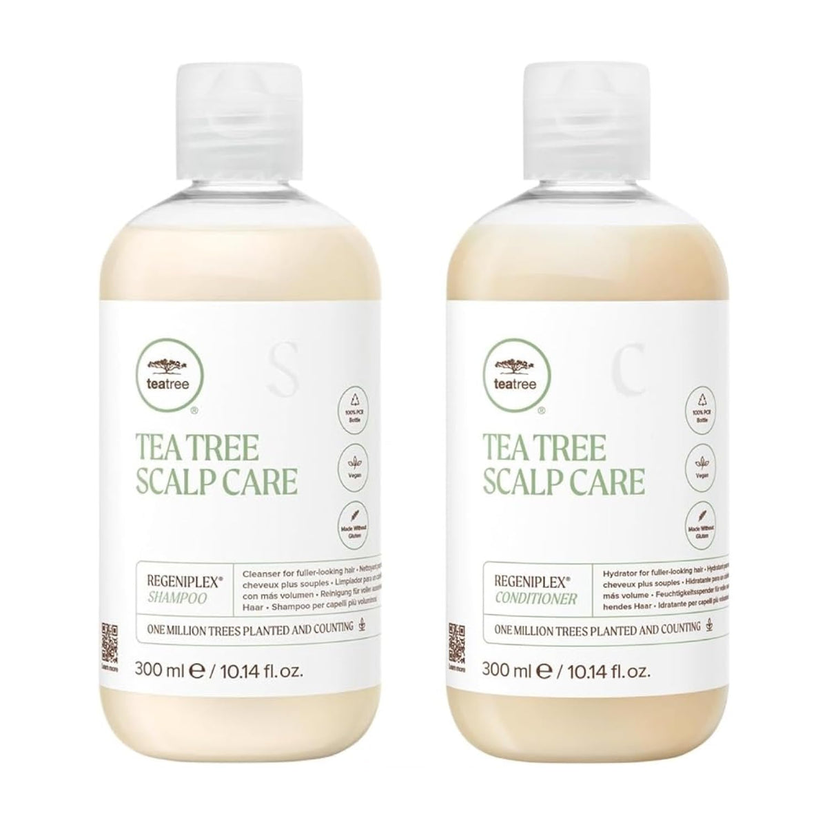Tea Tree scalp care shampoo bottle shows anti-thinning formula for fuller hair.