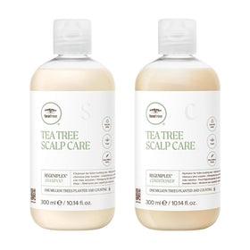 Tea Tree scalp care shampoo bottle shows anti-thinning formula for fuller hair.