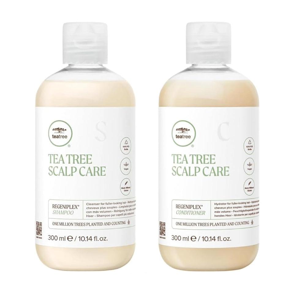 Tea Tree scalp care shampoo bottle shows anti-thinning formula for fuller hair.