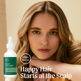 Tea Tree Scalp Wellness Serum ingredients panel featuring salicylic acid and niacinamide.