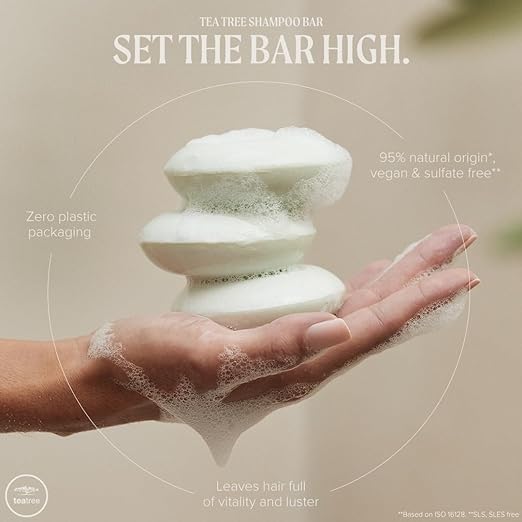 Tea Tree Special Shampoo Bar peppermint and lavender provide a stimulating scalp experience.