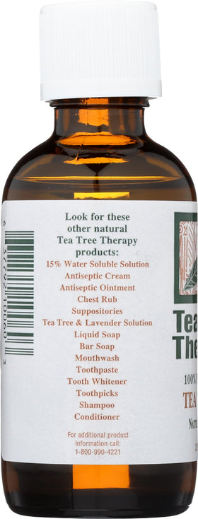 Tea Tree Therapy label-detail highlighting purity and Australian sourcing.